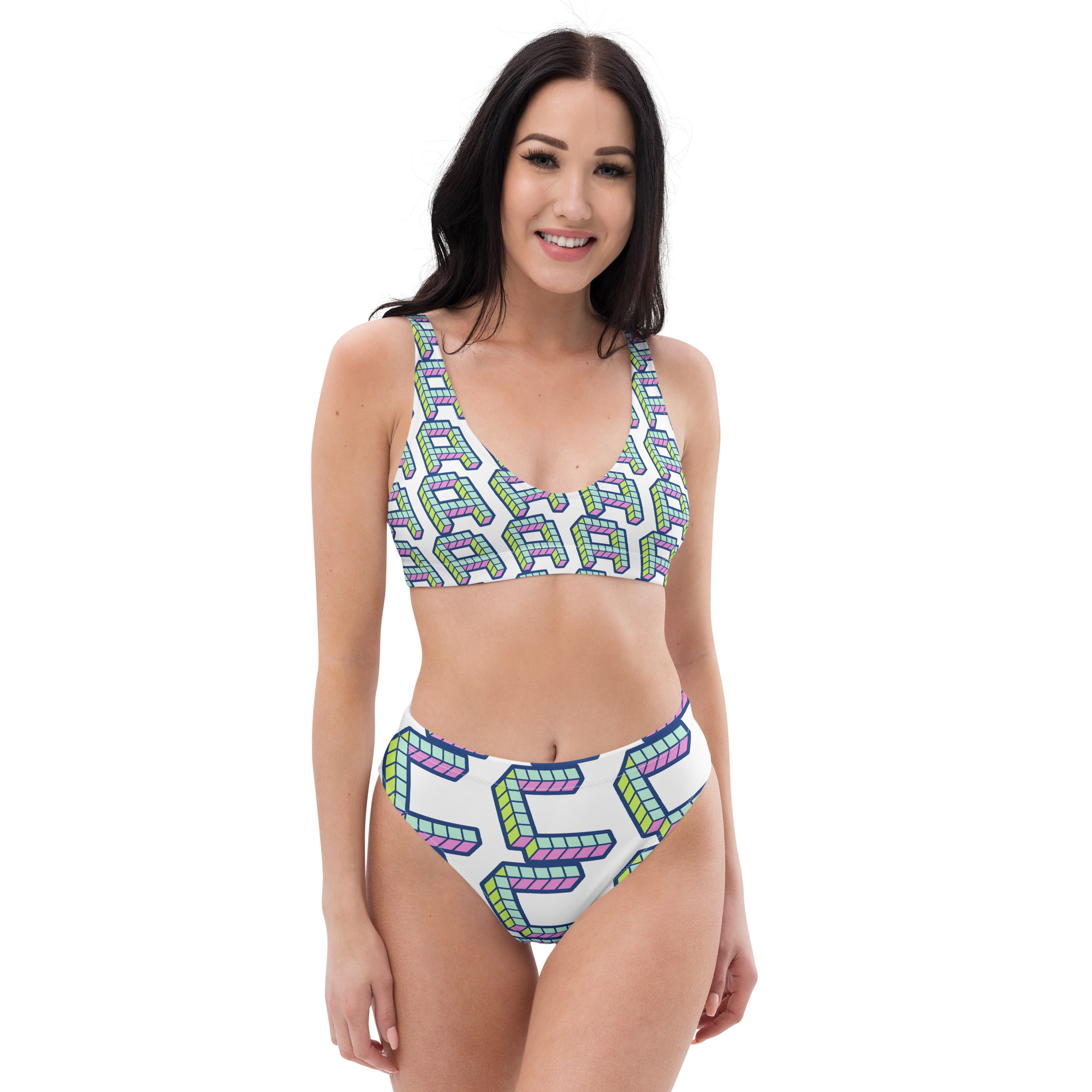Bikini ecosostenibile a vita alta con stampa all over hover